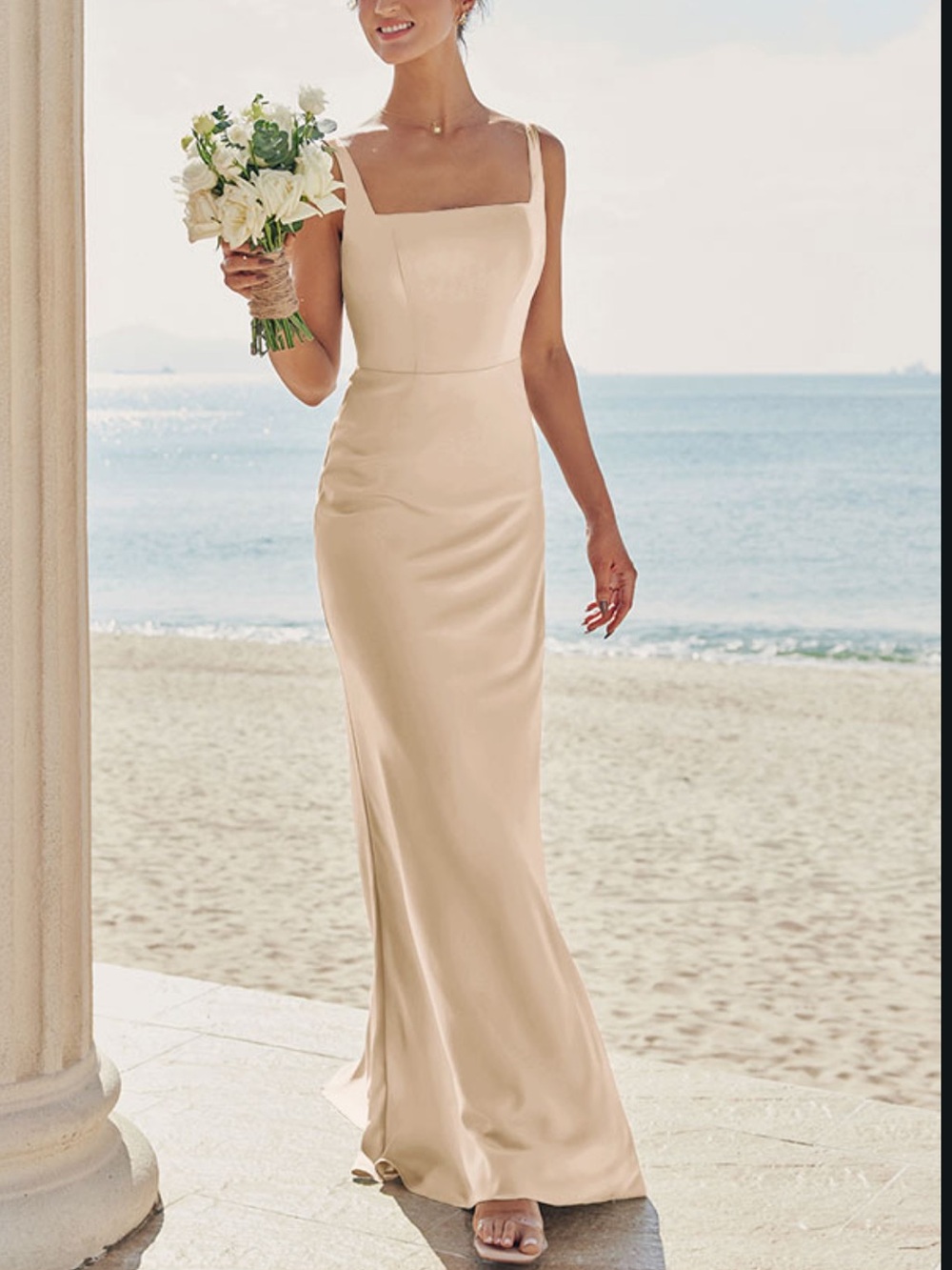 Stacees Column Square Neckline Sleeveless Floor-Length Satin Bridesmaid Dress